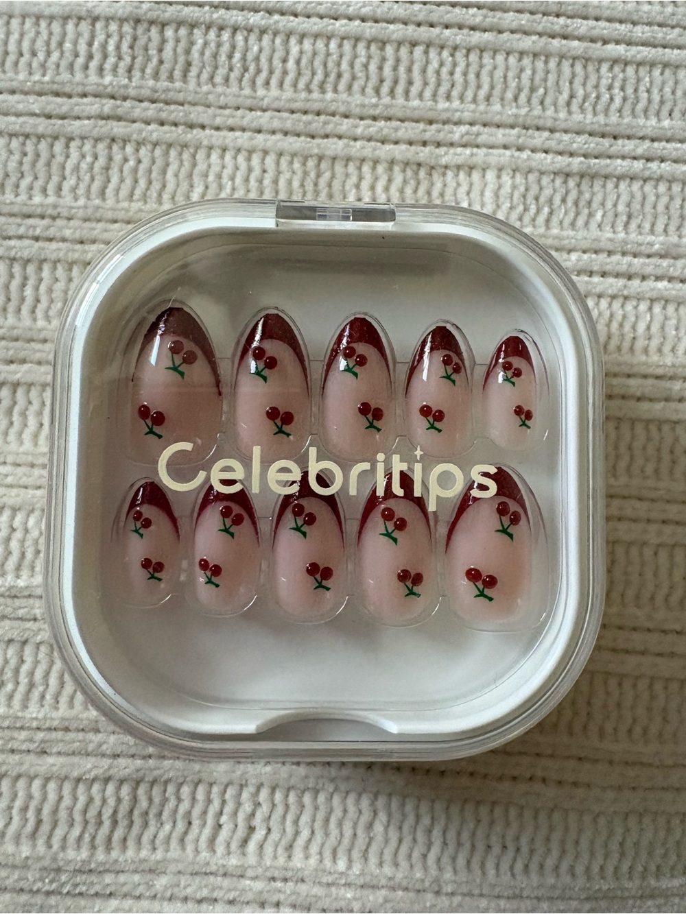 Celebritips Red Glitter French Tips 3D Cherry Accents Press-On Nails Mon Cheri